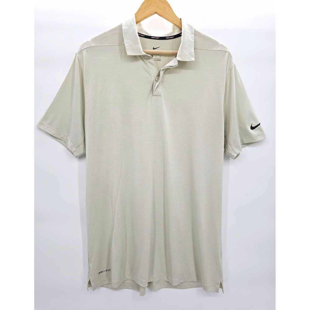 Nike Golf Dri-FIT Men's L Beige Striped Polo Short Sleeve Moisture Wicking